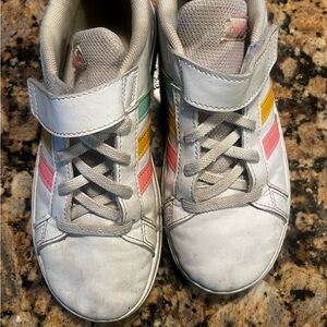 Adidas Kids' White Sneakers with Pink, Yellow, and Green Stripes